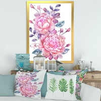 DesignArt 'ružičasti retro cvjetovi s plavim lišćem na bijeloj' tradicionalno uokvireni umjetnički tisak