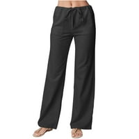 Ženske hlače visokog struka, ženske Ležerne široke lanene hlače s elastičnim vezicama visokog struka, udobne hlače s džepovima