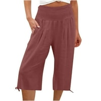 Ženski pamučni laneni casual Kapri širokog kroja s elastičnim strukom, joga hlače širokih nogavica, Capri hlače s džepovima, vino