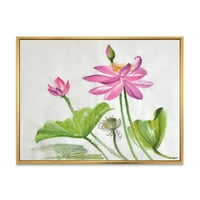 Dizajnerska umjetnost dva ružičasta cvijeta lotosa sa zelenim lišćem tradicionalni uokvireni zidni otisak na platnu