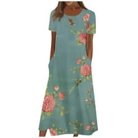 Ljetna haljina, Ženska ljetna ležerna modna haljina s cvjetnim printom, kratki rukav, okrugli vrat, džepna haljina