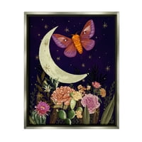 _ Mjesečev leptir koji leti noćnim nebom cvjetni vrt grafika sjajno sivo plutajuće platno uokvireno zidnim printom dizajn Rakel Maciel
