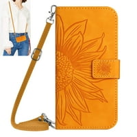 Torbica za telefon od PU kože s utisnutim cvijetom s držačem za kartice, preklopna torbica s magnetskom kopčom s vrpcom, žuta