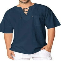 ; / Muška jednobojna široka majica kratkih rukava Na vezanje svečana casual bluza u tamnoplavoj boji 2 inča