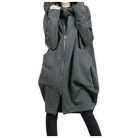 + Ženska jakna s kapuljačom veličine plus, jednobojna, dugih rukava, labavi casual dugi kaput s patentnim zatvaračem, zimska gornja