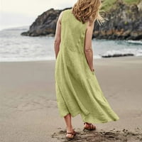Maksi haljine s džepovima, bez rukava, pamučne lanene obične ljetne haljine u zelenoj boji 3 inča