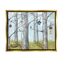 Stupell Industries ptičje kućice šume breze stabla životinje i insekti slikaju zlatni plutač uokviren umjetnički print zid umjetnost