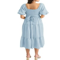 Ljetna rastezljiva Midi haljina s napuhanim rukavima s mašnom na leđima u donjem dijelu leđa