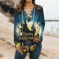 Ženska bluza, moderna široka ležerna majica s izrezom u obliku slova U u obliku slova U I printom za Noć vještica s dugim rukavima