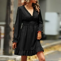 Ženska modna monokromatska elegantna haljina s izrezom u obliku slova H i visokim strukom s volanima i dugim rukavima, Crna