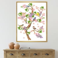 Stablo s raznobojnim pticama koje sjede na cvjetnim granama, uokvirena slika, umjetnički tisak na platnu