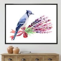 Plava jay ptica na buketu ružičastih cvjetova uokvirena slikanje platna art print