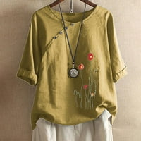 Proljetni topovi za žene lanene ljetne Ležerne široke košulje s okruglim vratom i kratkim rukavima s cvjetnim printom majice žute
