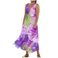 Ženska ležerna Udobna pamučna haljina bez rukava s cvjetnim printom s džepovima u ljubičastoj boji;