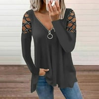 Ženska majica s izrezom u obliku slova U i dugim rukavima, jesenska jednobojna bluza, vrhovi s patentnim zatvaračem