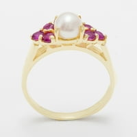 Ženski prsten od 9 karatnog žutog zlata s kultiviranim biserima i rubinom britanske proizvodnje - opcije veličine-veličina 4,5