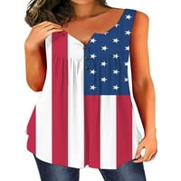 / Ženske majice s printom američke zastave s gumbima na rubu, bez rukava, Okrugli vrat, nabrani vrhovi američke zastave
