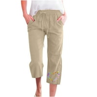 Lanene hlače u plus veličini za žene u donjem rublju, ravne hlače širokih nogavica s džepom, Ležerne rastezljive široke hlače u bež