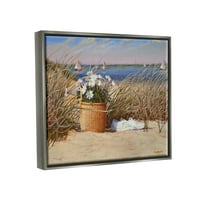 Stupell Industries Obalni cvjetni cvijet košara za plaž plaža trava Slikanje sjajno siva plutajuća uokvirena platna za tisak zidna