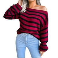 ;/ Ženski pulover s prugastim ramenima, duks s dugim rukavima u boji, Casual pleteni džemperi, pulover u crvenoj boji;