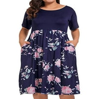 Ženska sundress s okruglim vratom, Plus size, široke haljine A kroja, Ležerne haljine s majicama s džepovima s cvjetnim printom