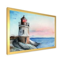 Dizajnerski crtež svjetionik na stjenovitoj obali u zoru u morskom i obalnom okviru