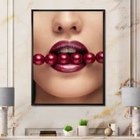 DesignArt 'Djevojka s crvenim biserima u ustima u senzualnoj pozi' Moderno uokvirena platna zidna umjetnička print